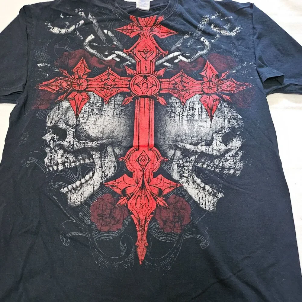 Extreme Couture Graphic Crew Neck T-Shirt Black Skull Cross Gothic Biker Mens XL